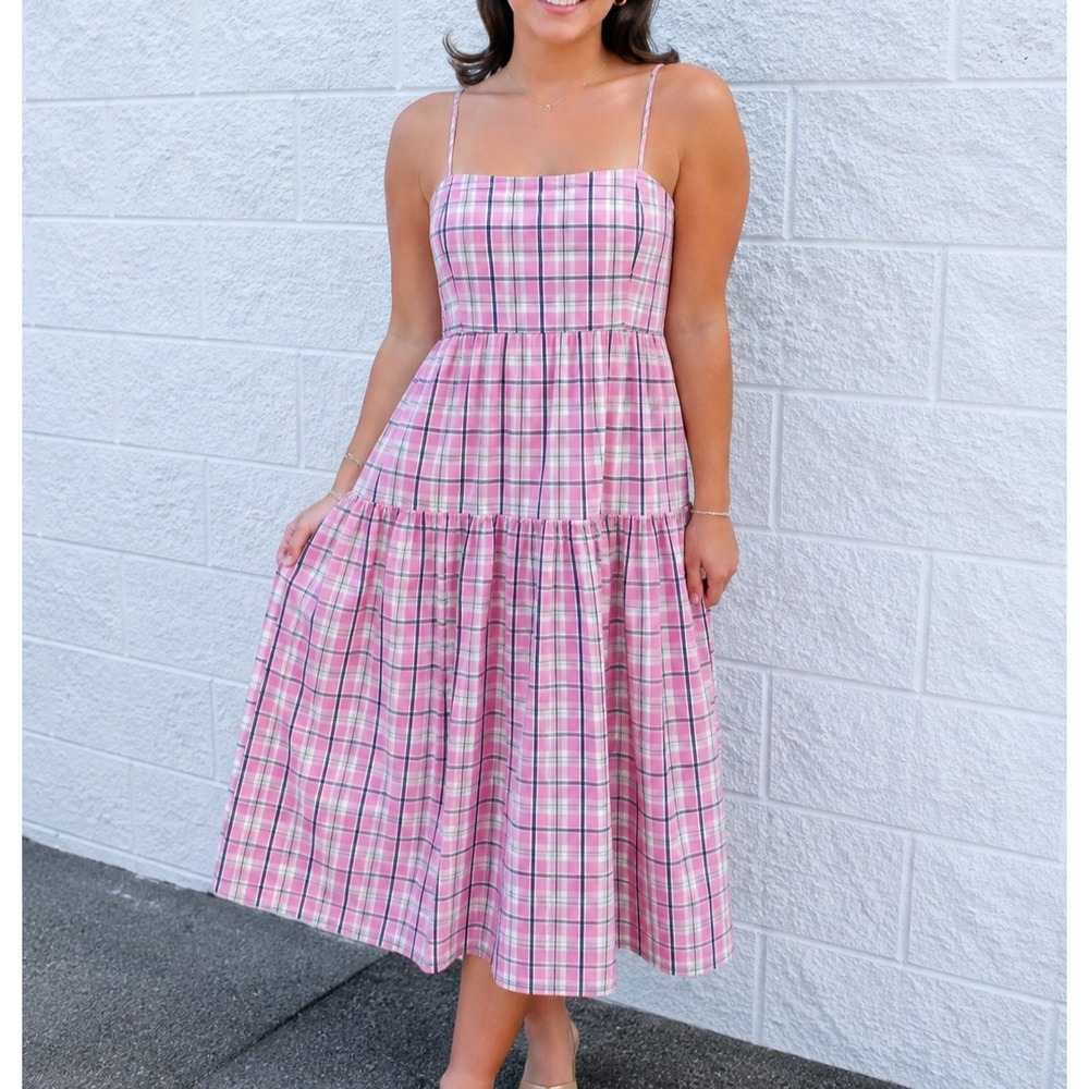 J. Crew Midi Babydoll Dress Sz 8 Pink Gingham Check Cotton Poplin Tiered Preppy